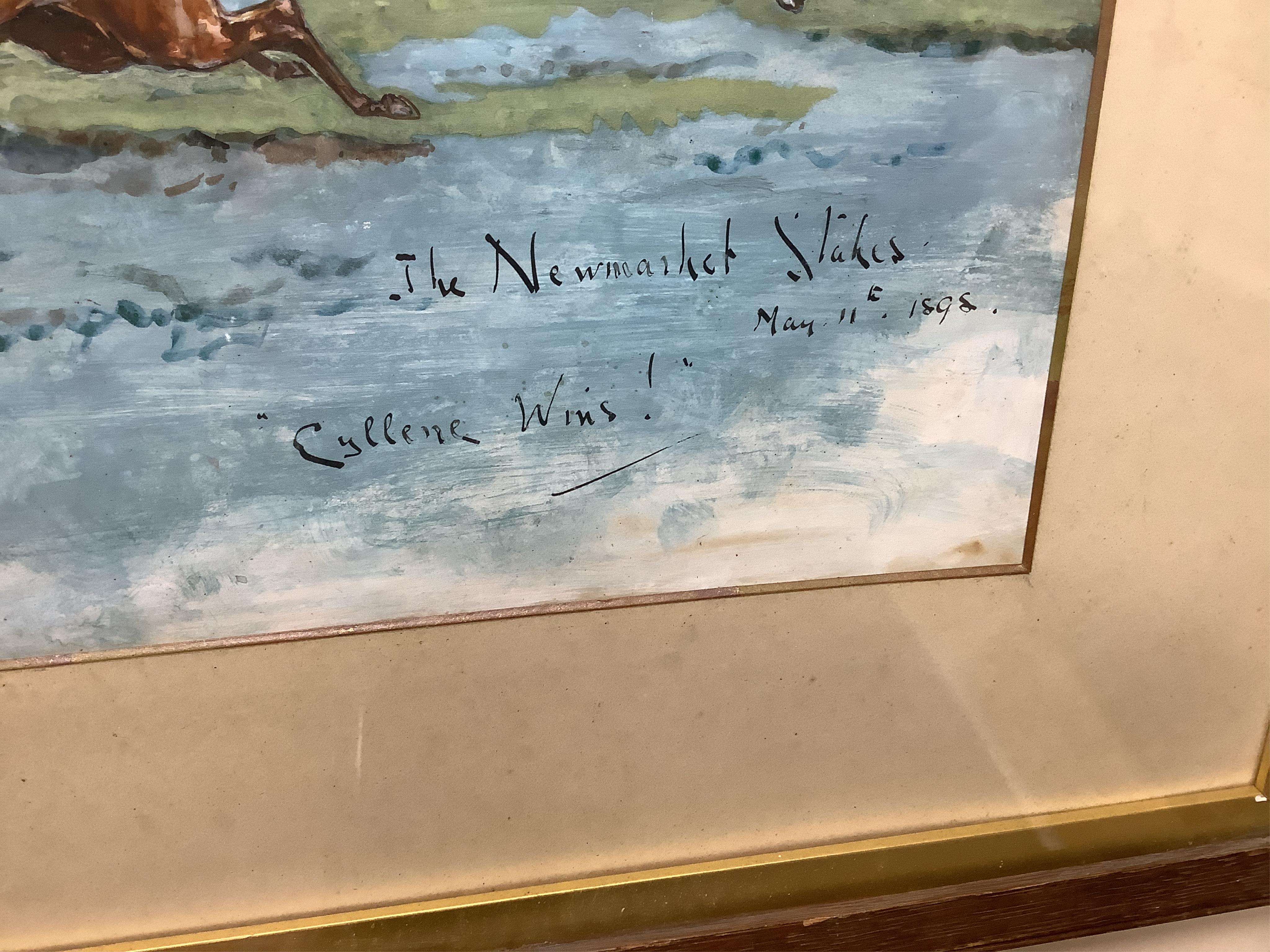 George Finch Mason (1850-1915) 'Cyllene Wins! - The Newmarket Stakes, 1898', signed lower left, titled lower right, watercolour and bodycolour, 25cm x 35cm; together with the companion work detailing the top six finisher